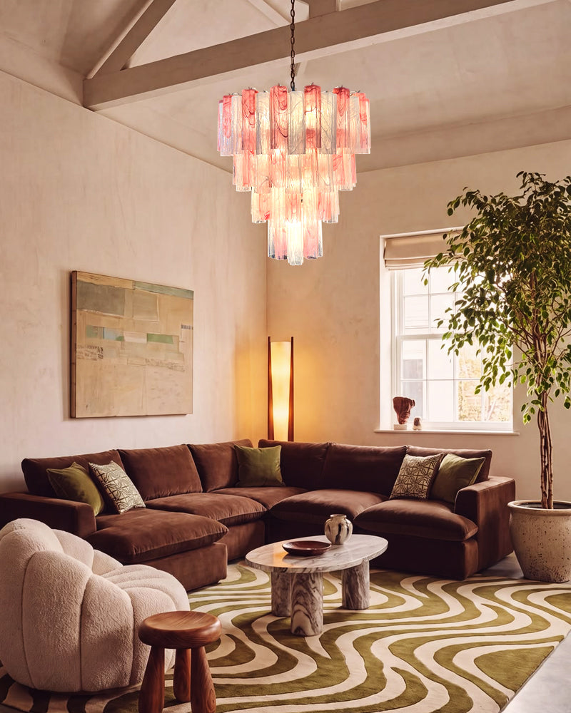 Cortina Murano Glass Ethereal Pink Multi Tier Cascade Chandelier - Hand Blown Glass, Lux Gold Trim - Living Rooms & Dining Rooms