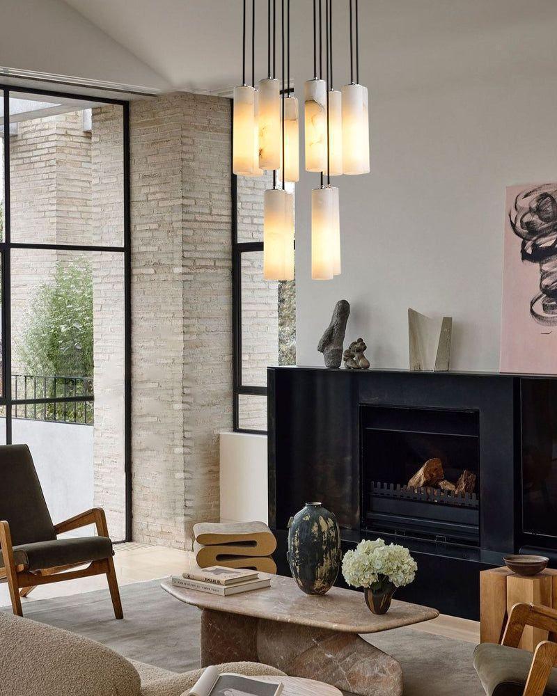 LightsStory Series Geometric Chandelier | Cylinder Cluster Natural White Marble with Unique Veining, Custom Brass finish for Modern bedrooms, living rooms, and grand halls Modern Pendant lamp