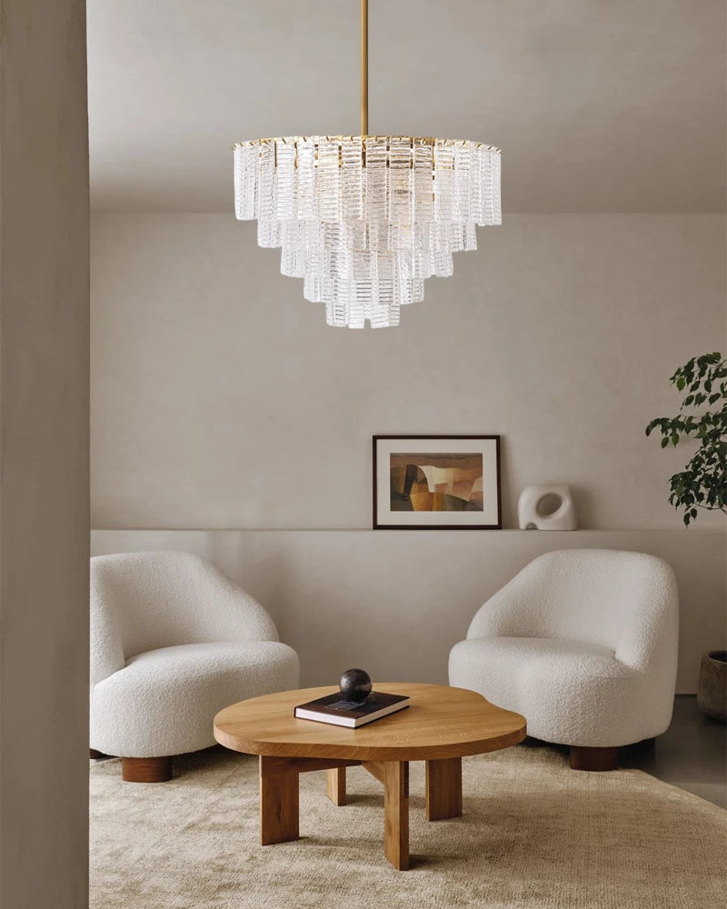 Cassis Series Geometric Chandelier | Multi-Tier Ridged Glass Sculpted Ridged Glass Ribbons, Polished Metal Frame for Grand Foyers and Dining Rooms