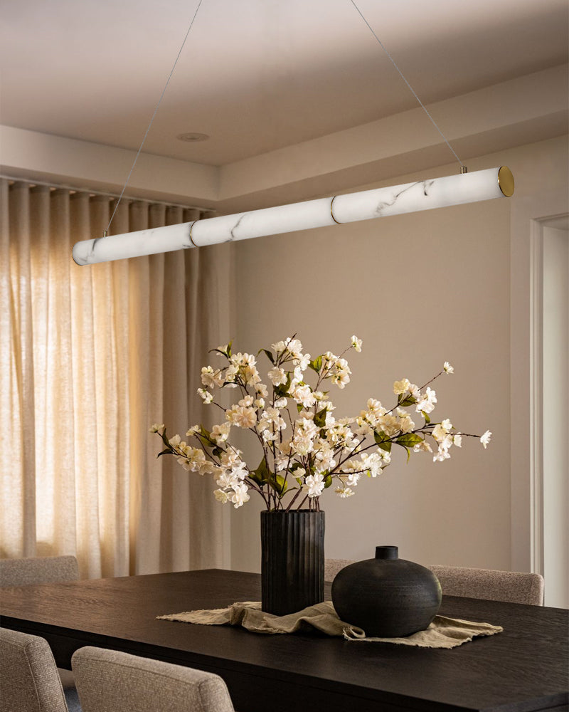 Cora Alabaster Linear Halo Pendant Light - Natural Spanish Alabaster, Lux Gold Trim - Kitchen Islands & Dining Rooms