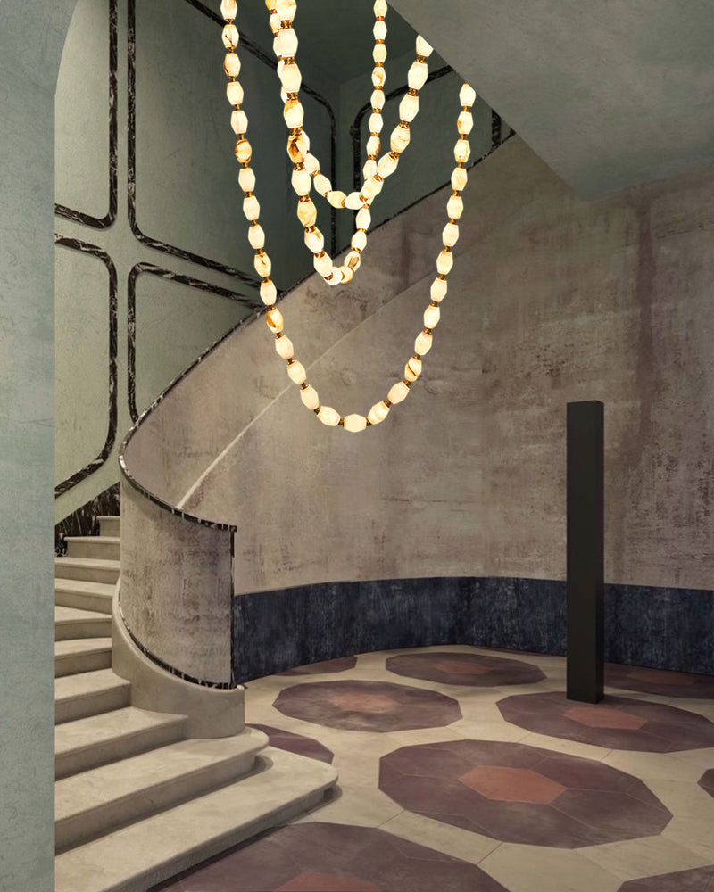 Clairval Alabaster Bead Rope Hanging Pendant Light - Natural Spanish Alabaster, Lux Brass Trim - Lobby, Living Rooms & High Ceilings