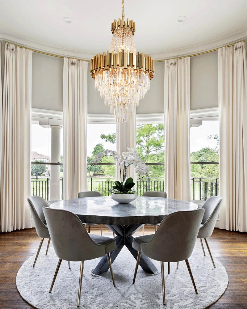 LightsStory Series Cascading Chandelier | Drum Frame Cascading Crystal Gold stainless steel drum frame with hand-strung clear crystals, Premium Gold finish for Grand Foyers, Lobbies, and Dining Rooms Luxury Modern Chandelier