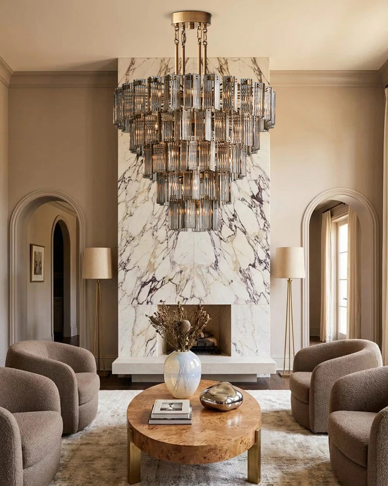 Saint-Cirq Series Prismatic Chandelier | Oval 2-Tier Reeded Glass Panels and Steel, Brushed Black or Brass for Dining Rooms and Entryways American chandelier