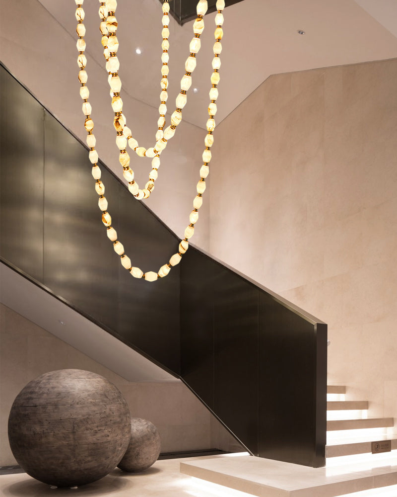 Clairval Alabaster Bead Rope Hanging Pendant Light - Natural Spanish Alabaster, Lux Brass Trim - Lobby, Living Rooms & High Ceilings