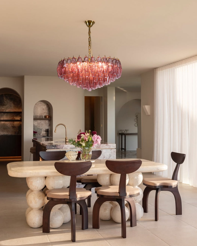 Cortina Murano Glass Amber Pink Multi Tiered Dome Chandelier - Hand Blown Murano Glass, Lux Brass Trim - Living Rooms, Bedrooms, Dining Rooms