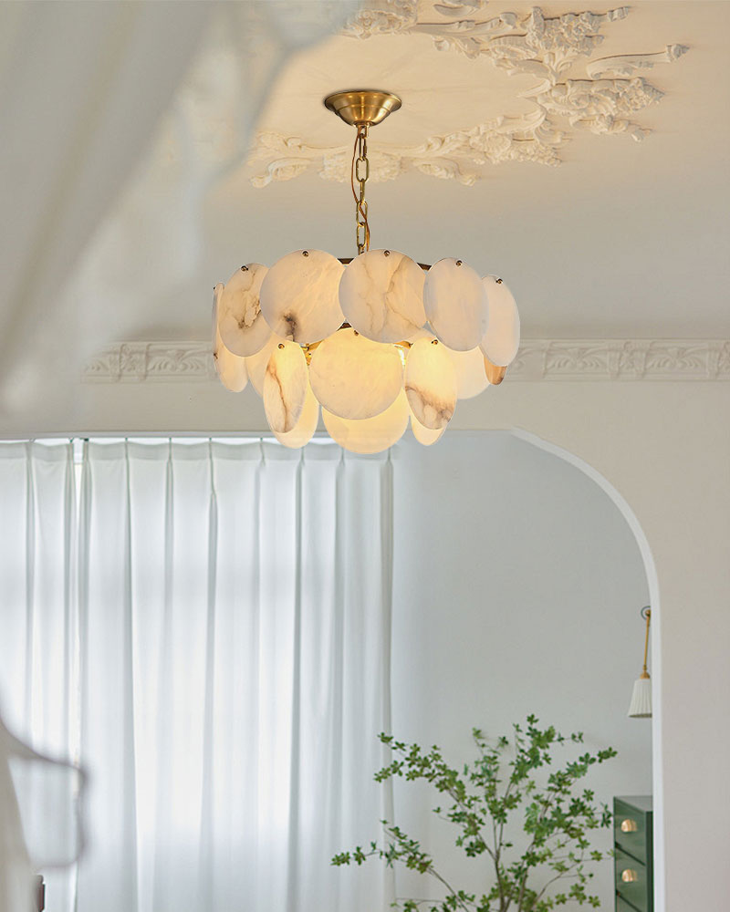 Stylish LED chandelier featuring Spanish marble shells in a chic interior