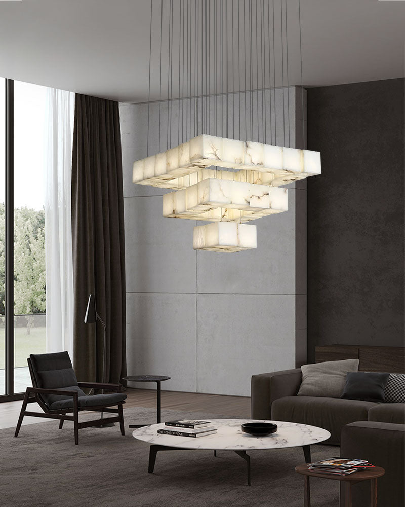 Square ceiling chandelier in white alabaster illuminating modern living room