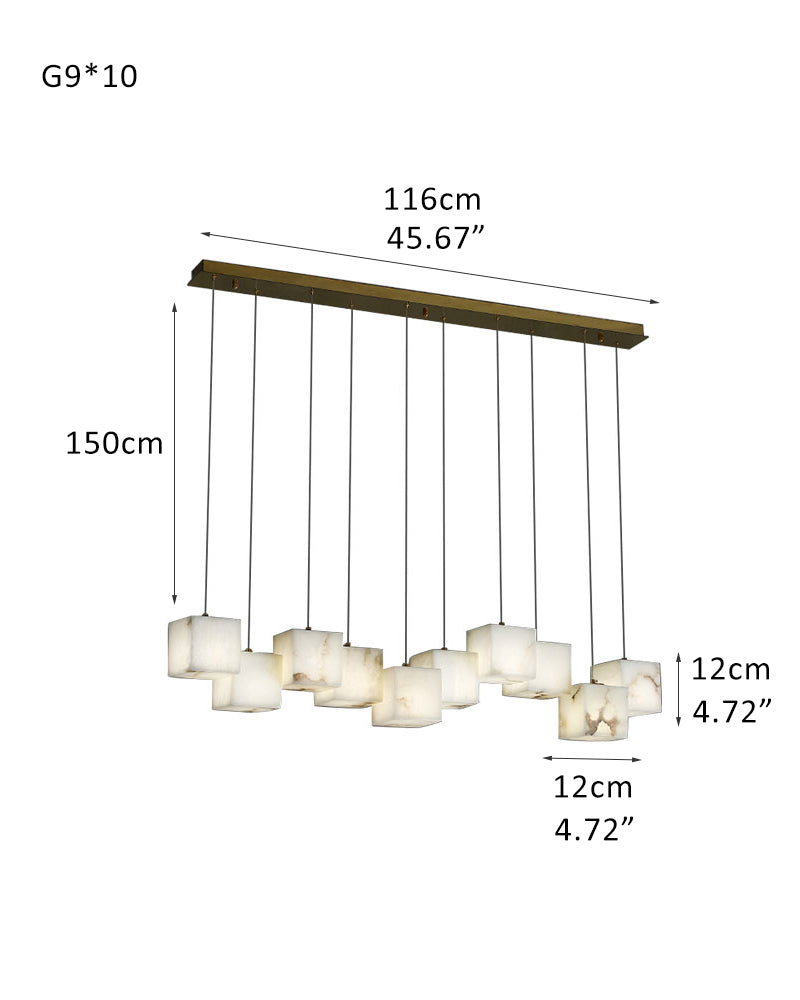 Dimensions of modern square white alabaster chandelier: 116cm width, 150cm height.