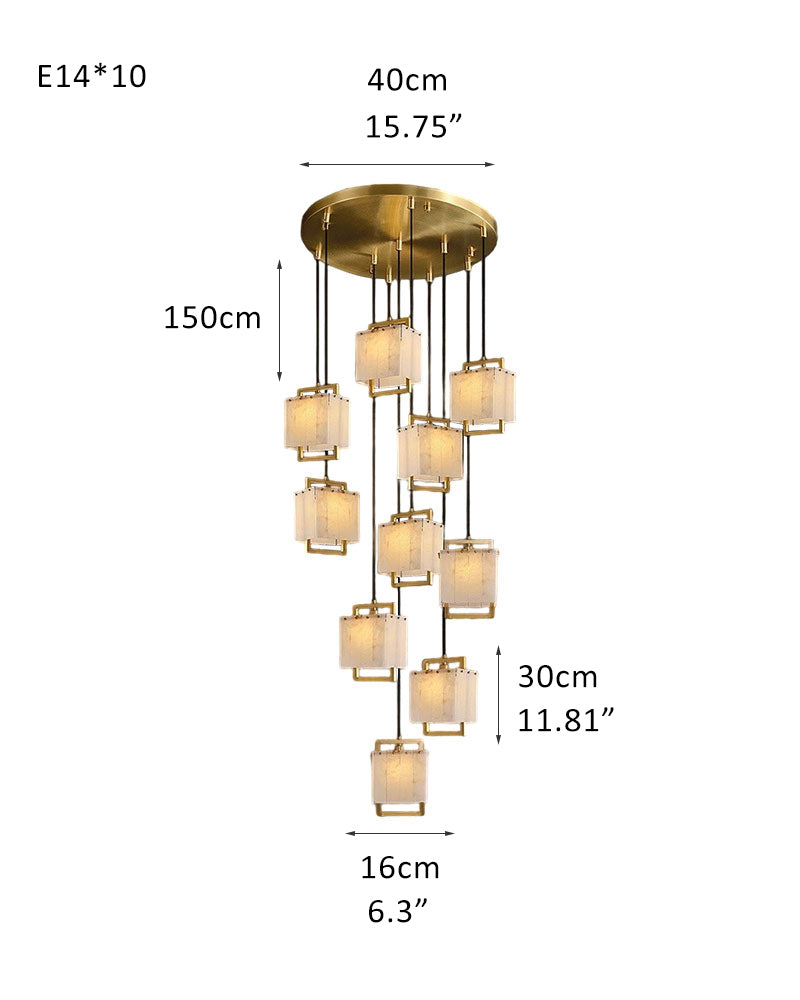 Dimensions of 24-light cluster ceiling pendant lamp: 150cm height, 40cm width.