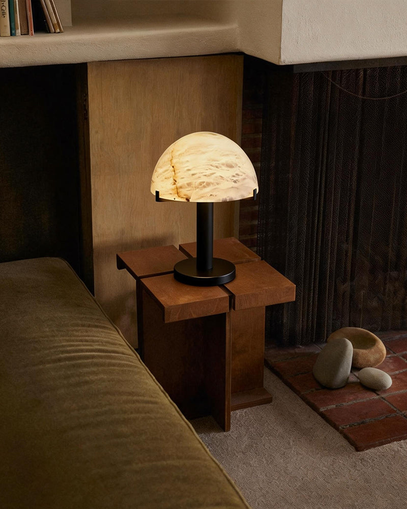 LightsStory Series Geometric Table Lamp | Dome Alabaster Shade Hand-carved natural alabaster with metal base, Burnished Brass or Black finish for Home offices, bedside tables, and workspaces Modern Table lamp