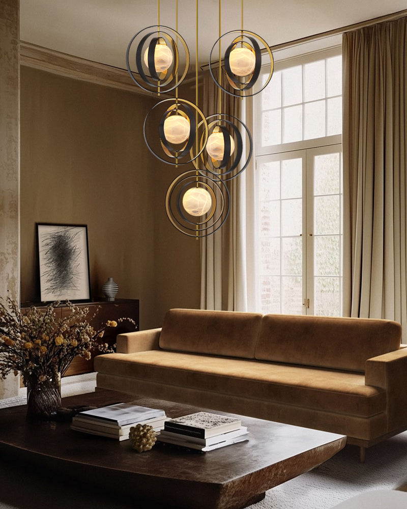 Modern Alabaster Round Chandelier Pearl - Gold & Bronze Rotatable Ring Highlight Finish