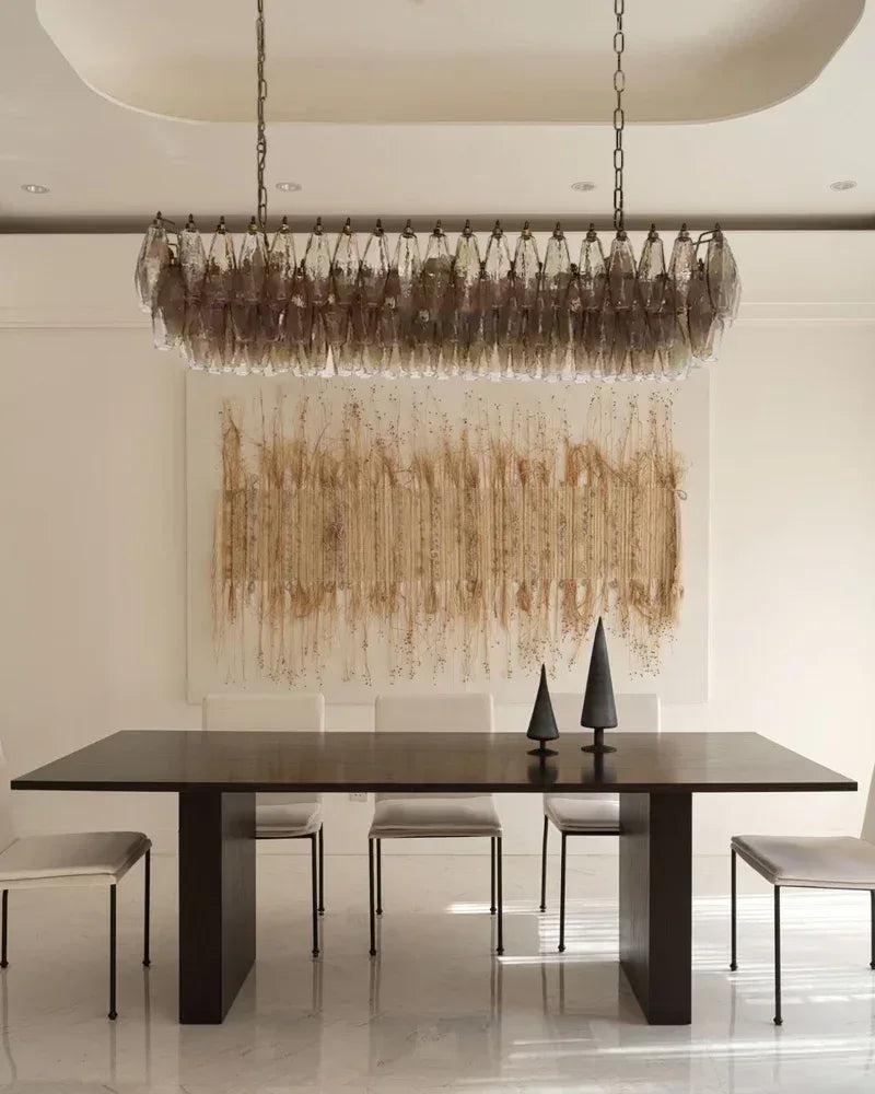 LightsStory Series Ethereal Chandelier | Rectangular Poliedri Hand-blown Murano textured glass, Plated-brass or bronze accents for Dining Rooms and Living Areas American chandelier