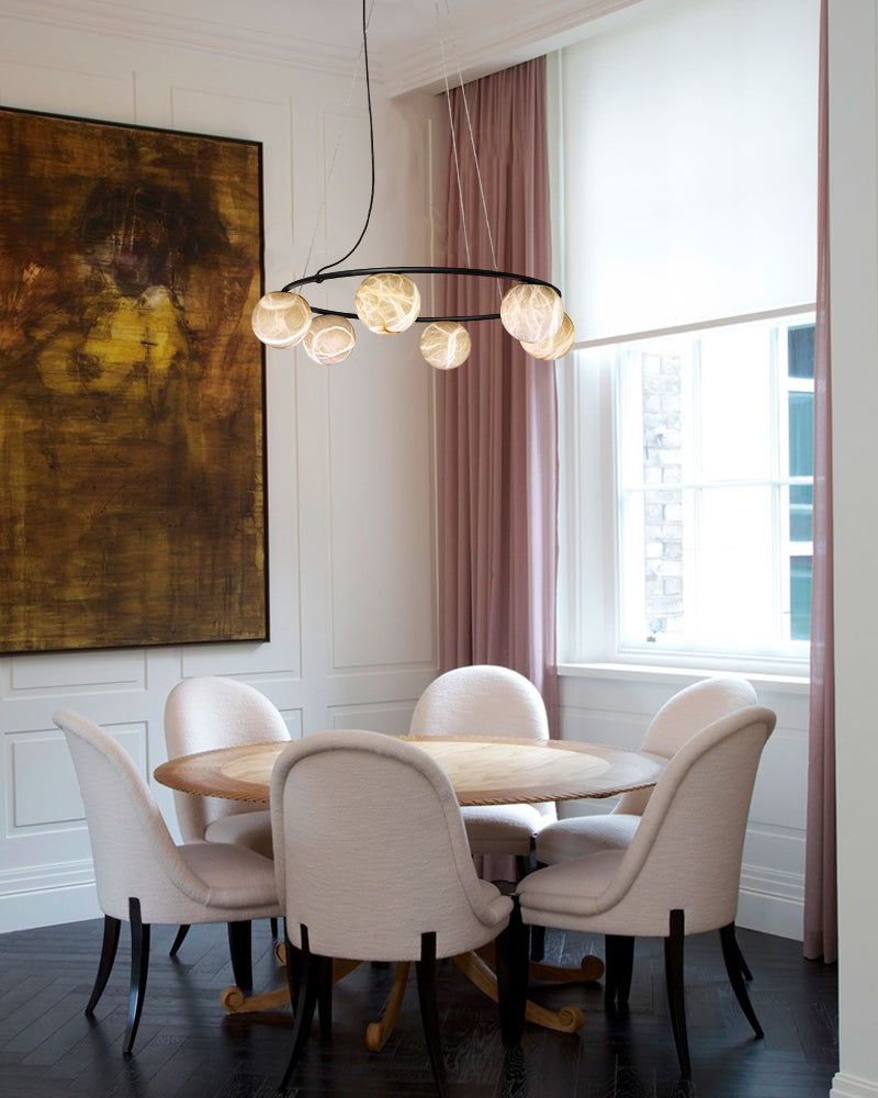 Alabaster Orb 3 Ring Chandelier in Black/Brass Framework | Modern Living Room