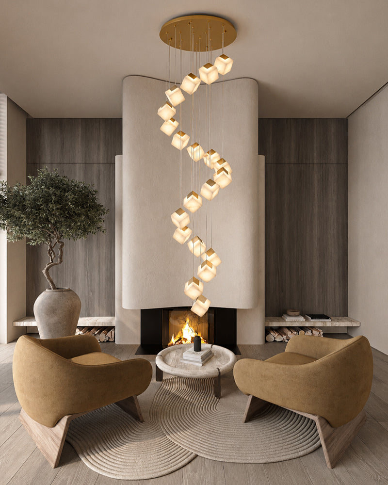 Alabaster Cube Cluster Sculptural Pendant Light - Natural Spanish Alabaster, Lux Gold Trim - Lobby, Foyer, Stairwells and High Ceilings