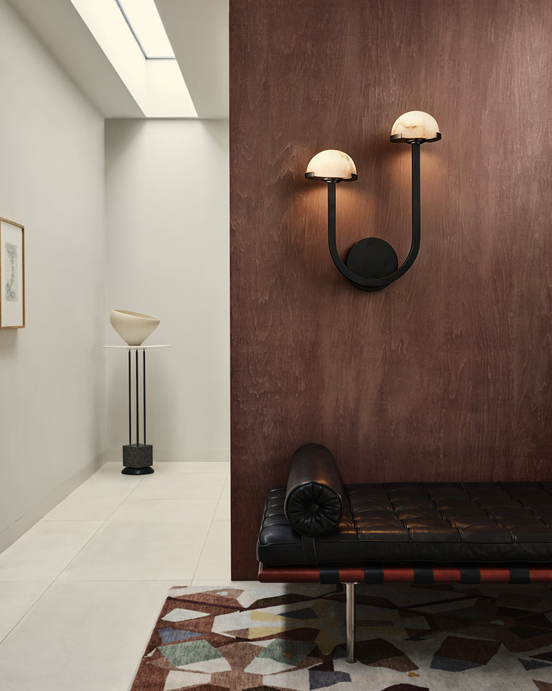 Warm Ambient Glow Brass/Black Pedra Double Wall Sconces with Alabaster Domes Flush Mounted Wall Sconce Lamp