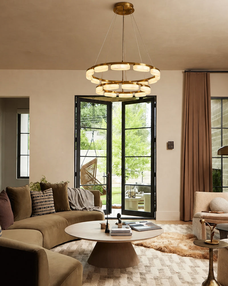Alabaster Cluster Ring Disc Circular Pendant Light - Natural Spanish Alabaster, Lux Gold Trim - Kitchens, Dining & Living Rooms