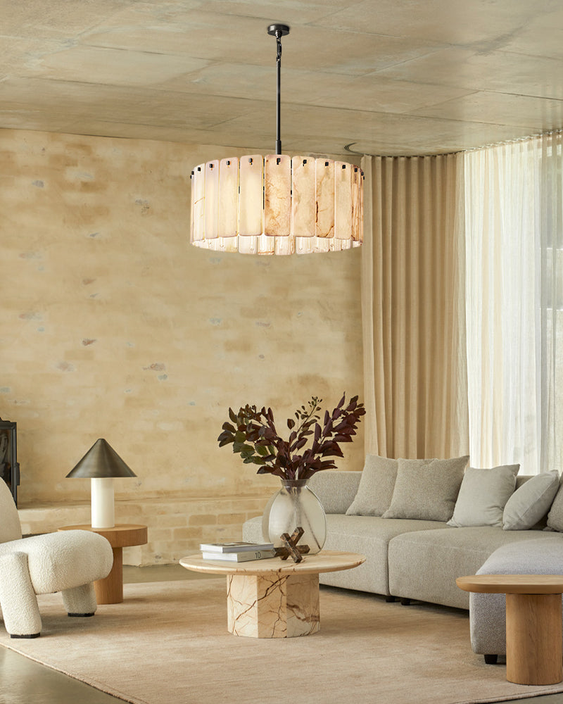 Lacquered Burnished Brass/Black LED Round Calamette Alabaster Lighting Collection 36" 48" 60"