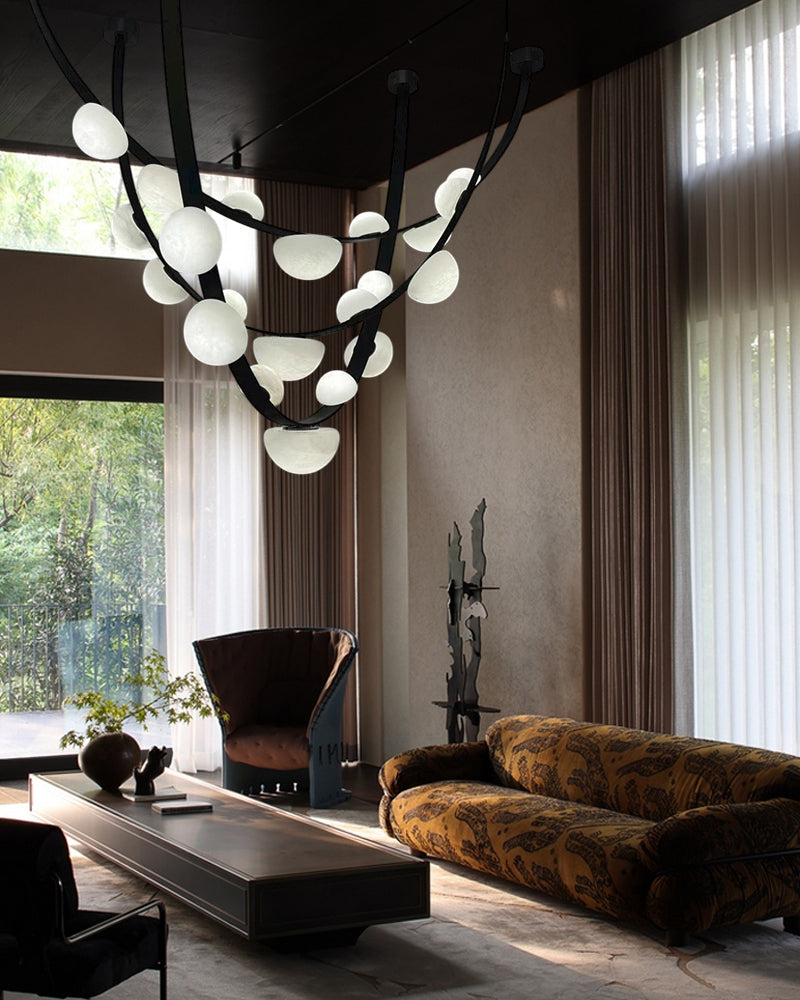 Leather pendant lamps with semicircular marble diffusers on a U-shaped strip metal base