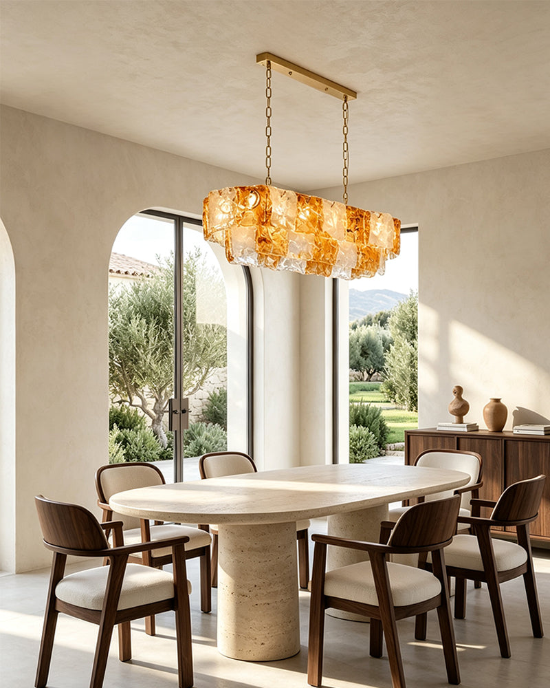 Chiara Murano Glass Contemporary White Amber Panel Linear Chandelier - Lux Gold Trim - Kitchen Islands & Dining Rooms