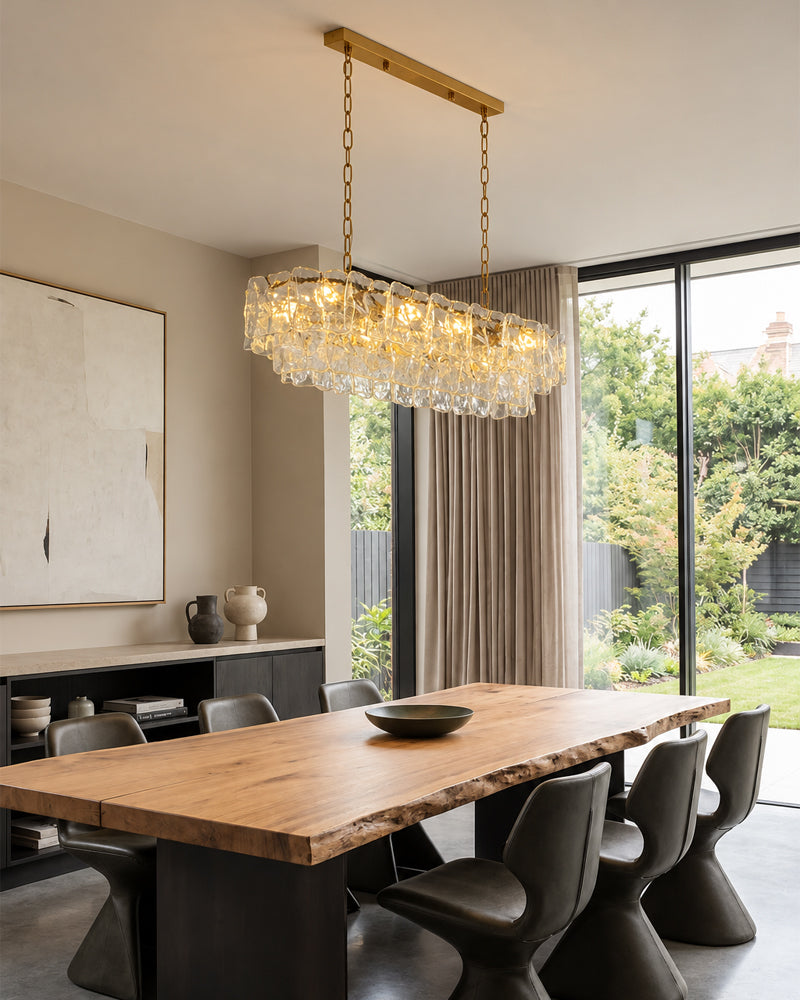 Chiara Murano Glass Contemporary Ghiaccio Panel Linear Chandelier - Lux Gold Trim - Kitchen Islands & Dining Rooms