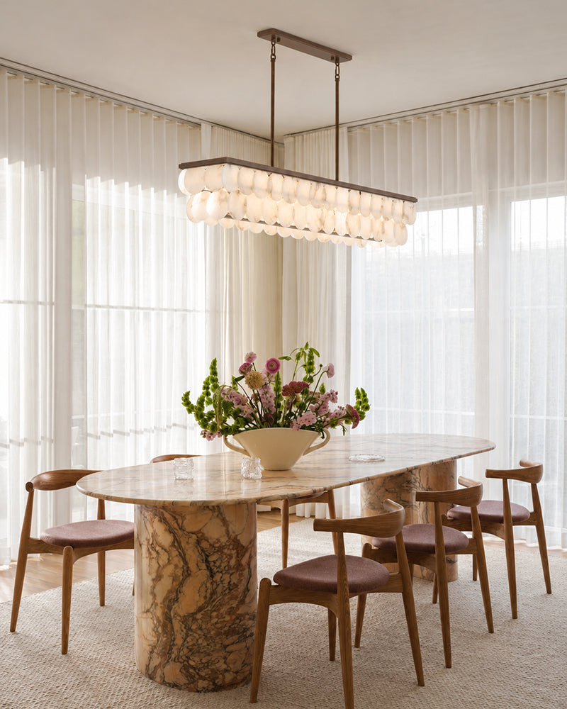 Alabaster Concentric Ring Disc Linear Kitchen Island Chandelier - Natural Spanish Alabaster, Heritage Brass Trim - Kitchen Islands & Dining Rooms