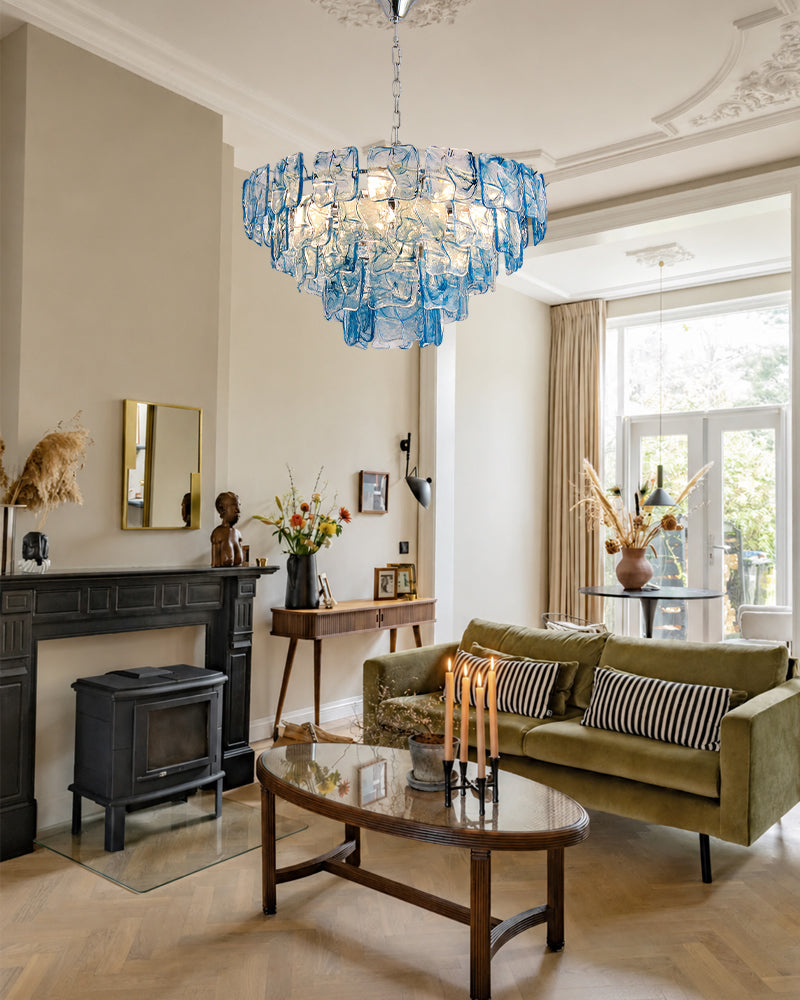 Murano Glass Azure Blue Circular Prism Multi Tiered Waterfall Chandelier - Handblown Glass, Brass Trim - Living Rooms, Dining Rooms & Bedrooms
