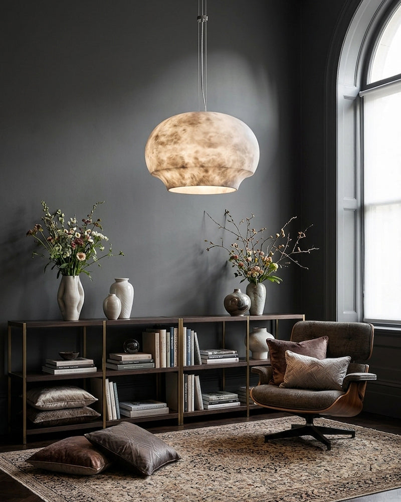 Alabaster Sculptural Geometric Halo Drum Pendant Light - Natural Spanish Alabaster, Serene Black Trim - Kitchens, Dining & Living Rooms