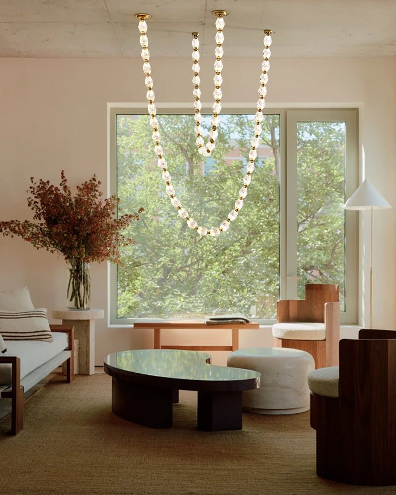 Clairval Glass Bead Rope Hanging Pendant Light - Clear Glass, Lux gold Trim - Lobby, Living Rooms & High Ceilings