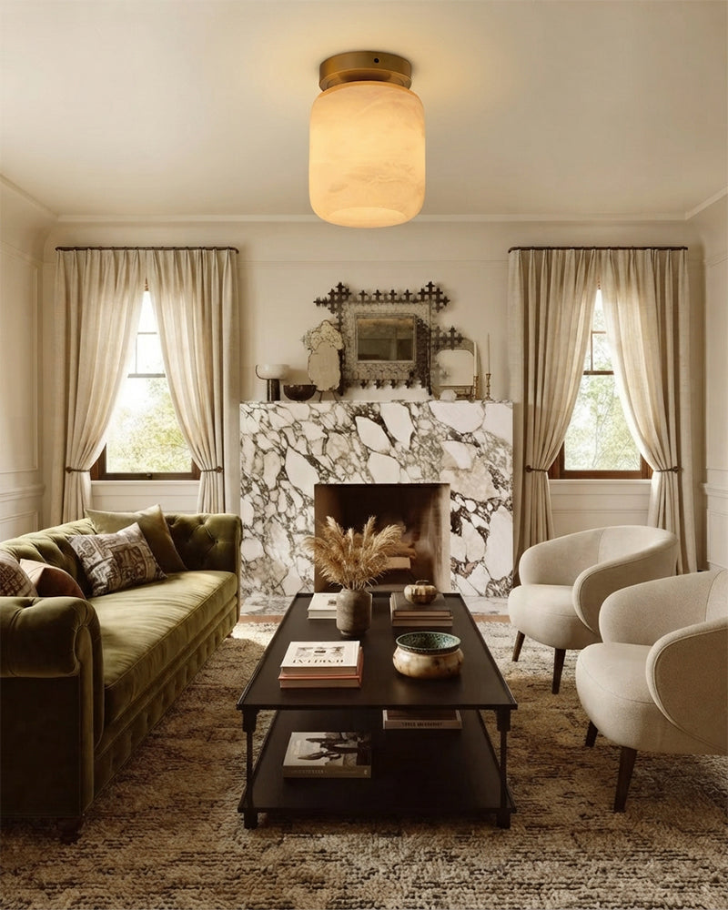 Alabaster Cylinder Ceiling Light - Natural Spanish Alabaster, Flush Mount, Heritage Brass Trim - Bedrooms, Hallways, Bathrooms & Living Rooms