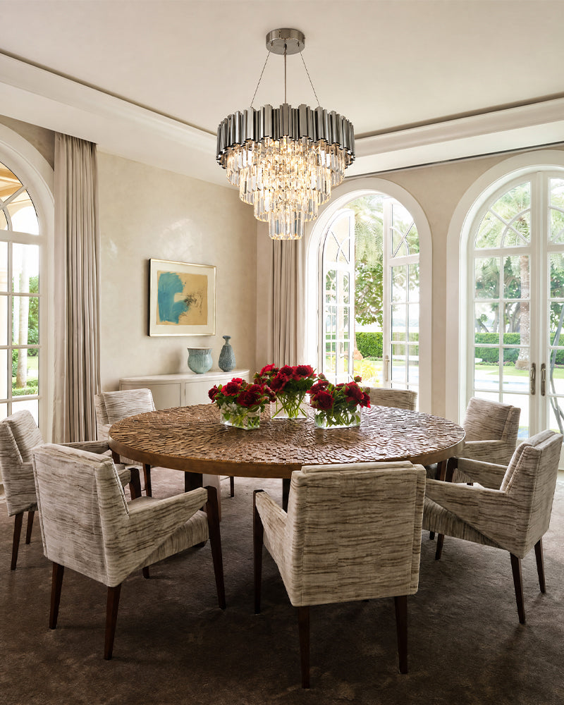 Bordeaux Multi Tiered K9 Crystal Silver Fluted Waterfall Chandelier - Lux Silver Trim - Living Rooms, Dining Rooms & Foyers