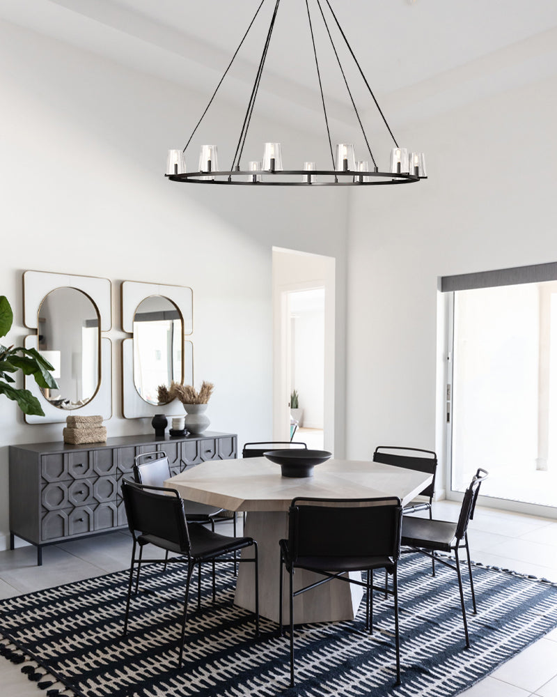 12-light Pauillac Brass/Black Linear Clear Glass Chandelier 49" 60" for dining room