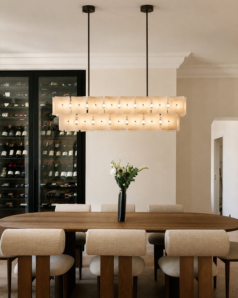 Alabaster Studded Curved Panel Double Tier O Chandelier - Natural Spanish Alabaster,  Serene Black Trim - Kitchen, Dining Rooms & Living Rooms (Copy)