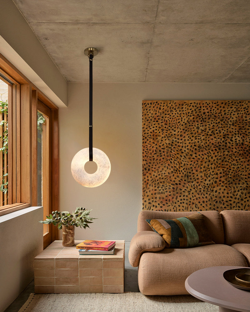 Alabaster Oval Pill Leather Strap Pendant Light - Natural Spanish Alabaster Halo, Organic Leather Trim - Kitchens, Dining & Living Rooms