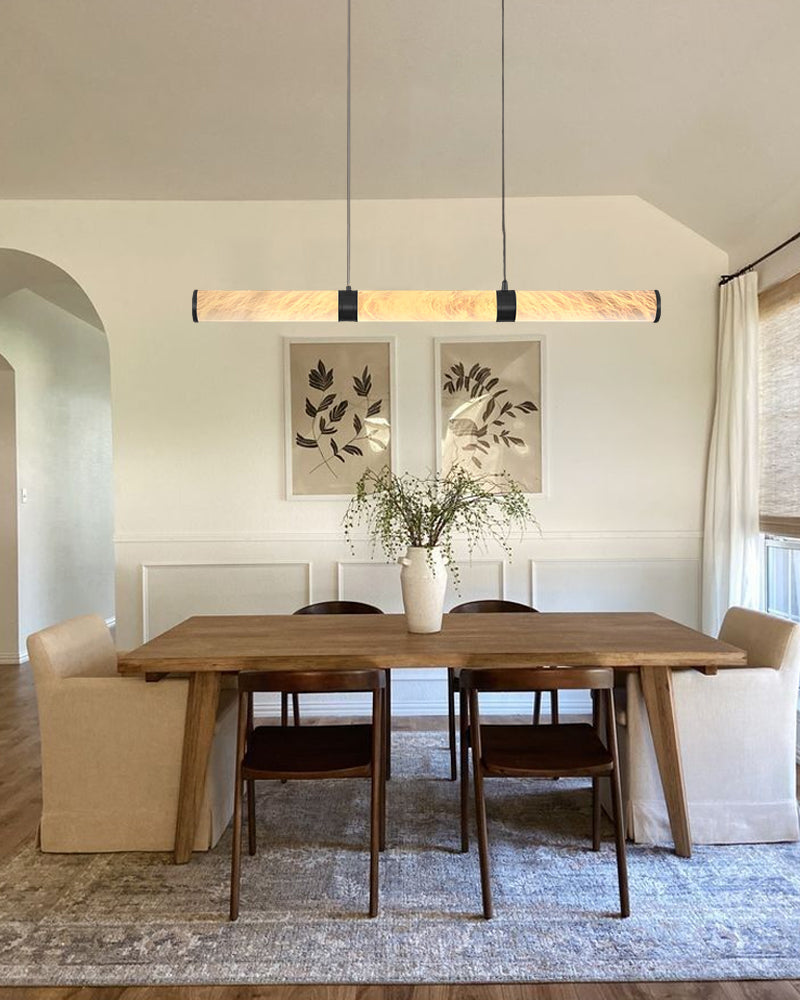 Minimalist Linear Long Alabaster Pendant Lights Aged Brass/Black Metal for Dining Room Table Vintage Simple Hanging Lamp
