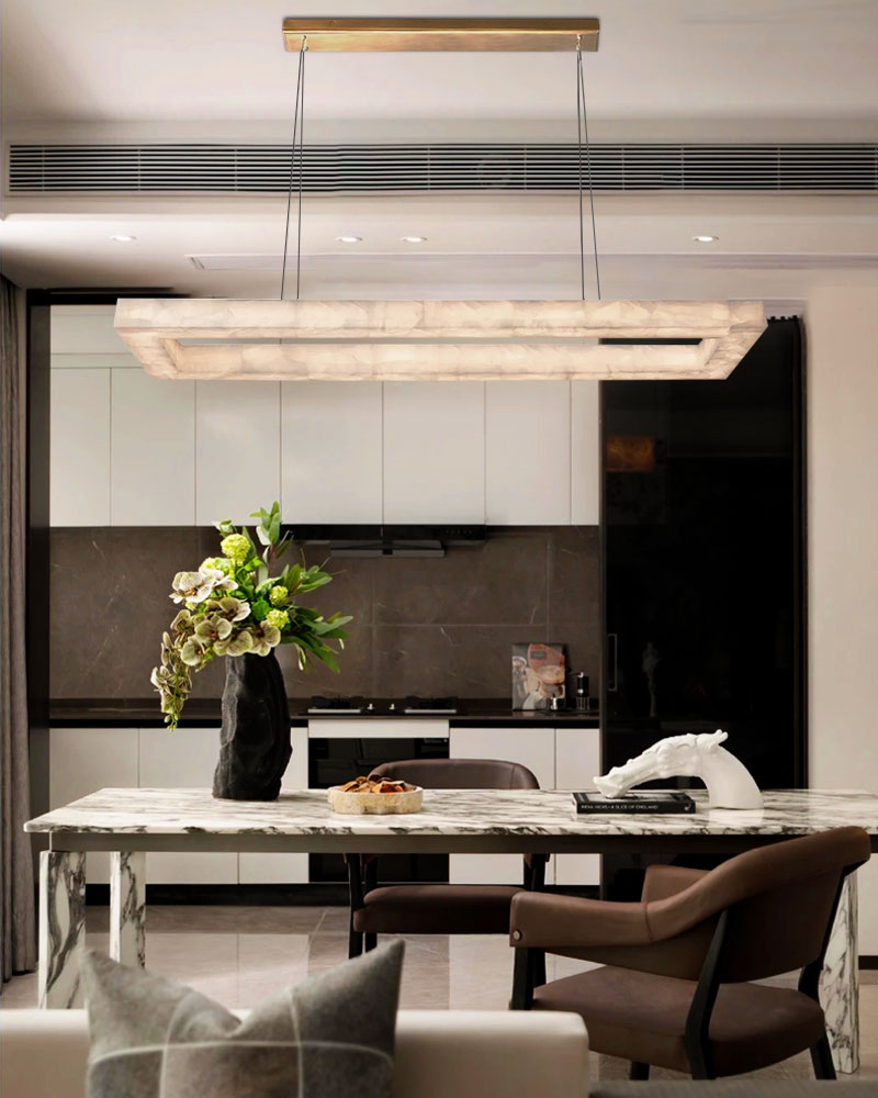 Belleval Alabaster Rectangular Halo Box Frame Linear Pendant Light - Natural Spanish Alabaster Halo, Custom, Serene Matte Trim - Kitchen Islands & Dining Rooms