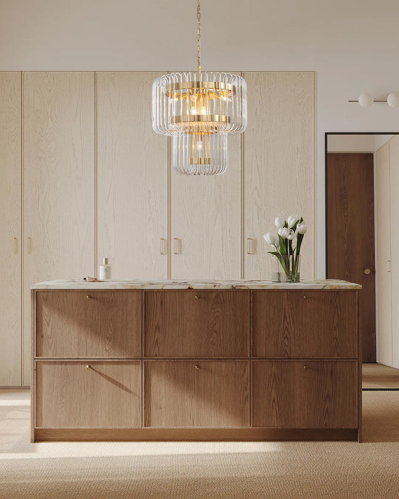 Solstice Aura Fluted Glass Double Tier Lantern Drum Pendant Light - Lux Gold Trim - Living Rooms, Dining Rooms & Hallways