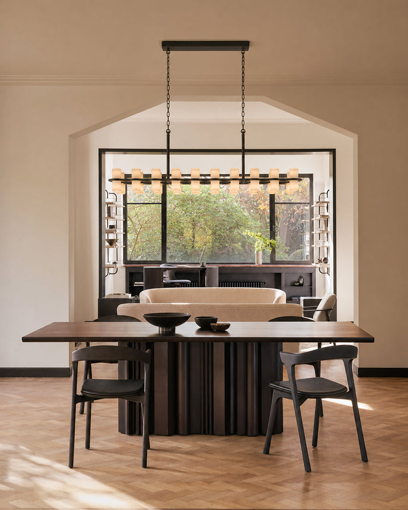 Alabaster Dual Cylinder Candle Column Linear Chandelier - Natural Spanish Alabaster, Heritage Brass Trim - Kitchen Islands & Dining Rooms