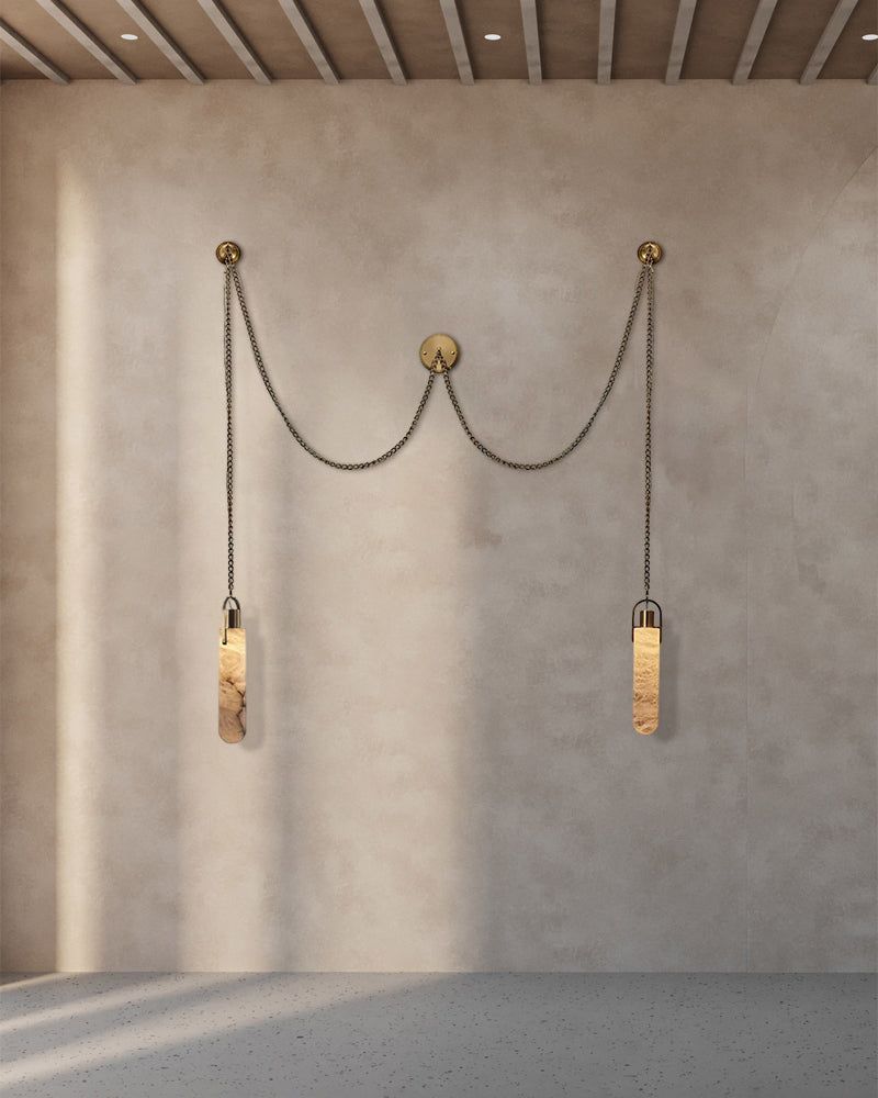 Unique & Modern Multi-Drop Alabaster Pendant Light in aged brass chain 150cm