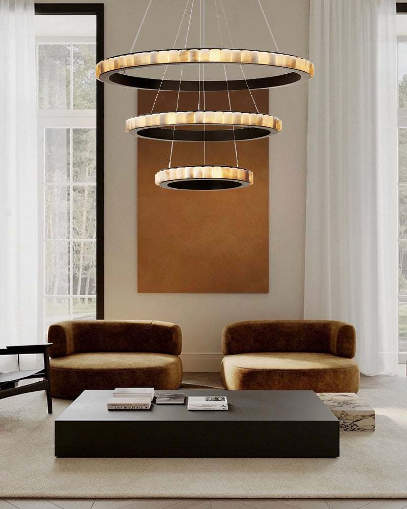 Triple Ring Alabaster Long Cord Chandelier Wide 22" 33" 49" | Brush Black/Gold Frame