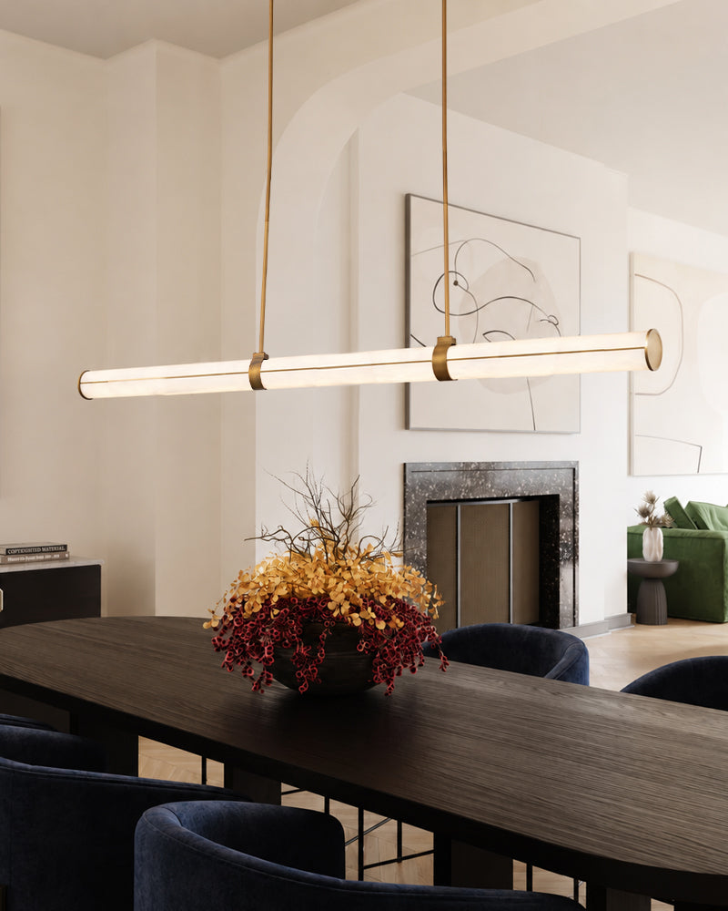 Cora Alabaster Linear Halo Rod Pendant Light - Natural Spanish Alabaster, Lux Gold Trim - Kitchen Islands & Dining Rooms