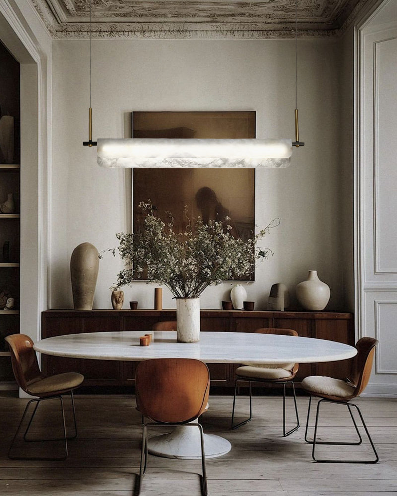Organic Alabaster Linear Pendant Lightiing with Black Metal Frame for Kitchen Island