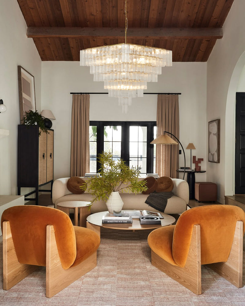 Parisian Cascading Waterfall Crystal Ghiaccio Prism Chandelier - Textured Glass, Lux Gold Trim - Living Rooms, Bedrooms, Dining Rooms