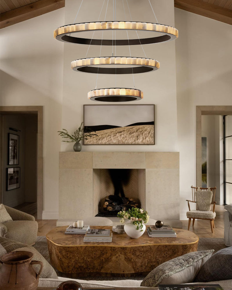 Triple Ring Alabaster Long Cord Chandelier Wide 22" 33" 49" | Brush Black/Gold Frame