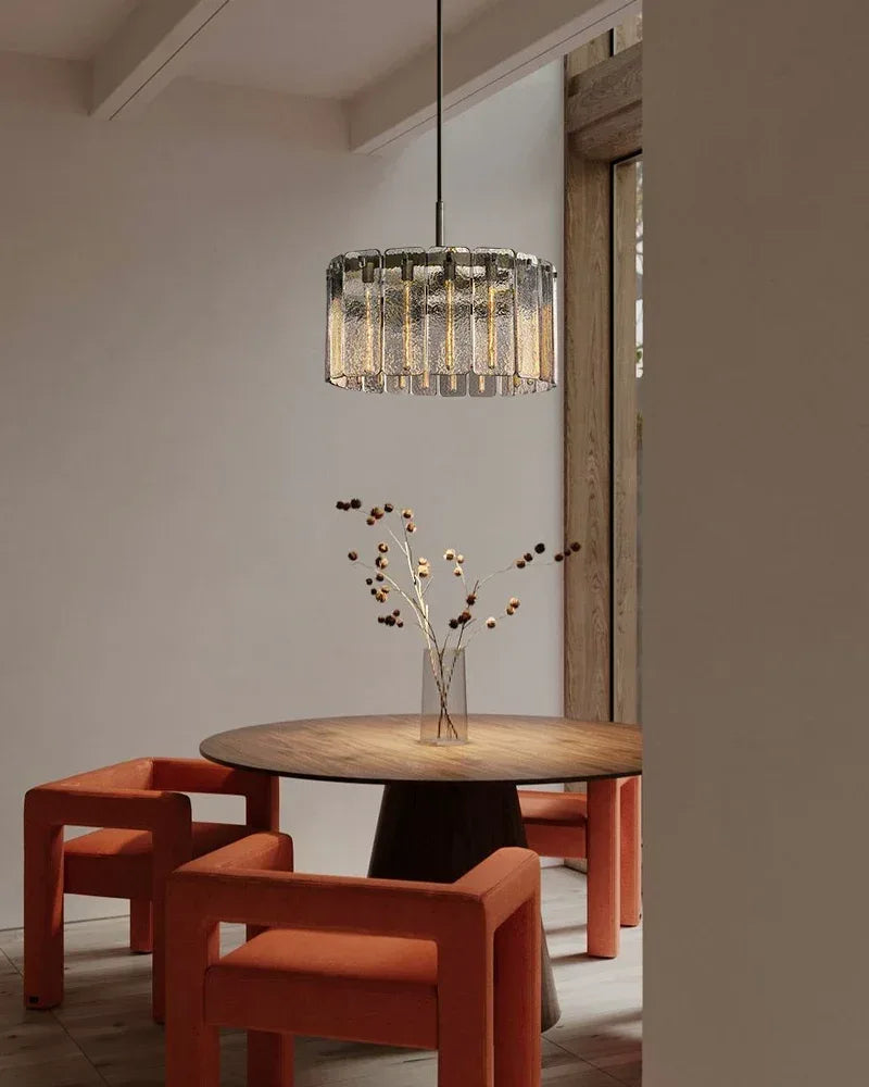 Winchester Series Geometric Chandelier | Round Handcrafted Rippled Cast Glass Panels, Lacquered Burnished Brass and Black for Modern Dining Rooms and Living Spaces American chandelier