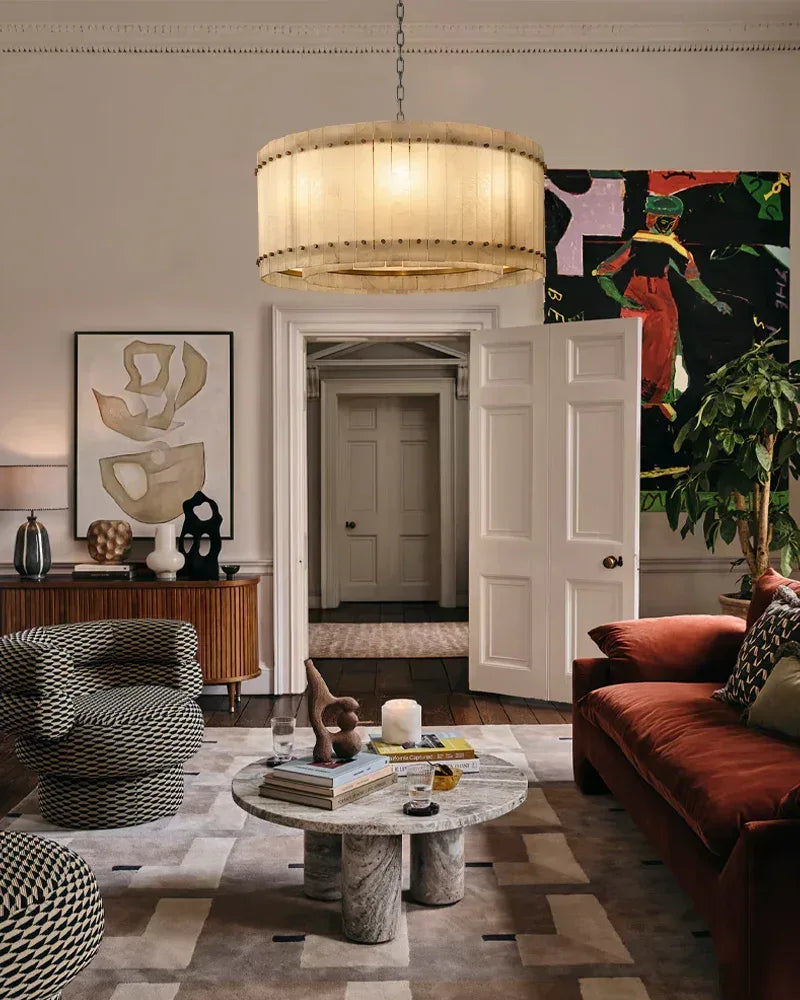 Val d’Isère Series Architectural Chandelier | Double Tier Drum Hand-carved alabaster panels with durable steel frame, Mid-century steel finish for Dining rooms, foyers, or offices American Vintage chandelier lamp