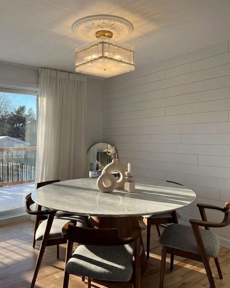 Solstice Aura Fluted Glass Square Ceiling Light - Semi Flush Mount, Lux Gold Trim - Living Rooms, Dining Rooms & Hallways