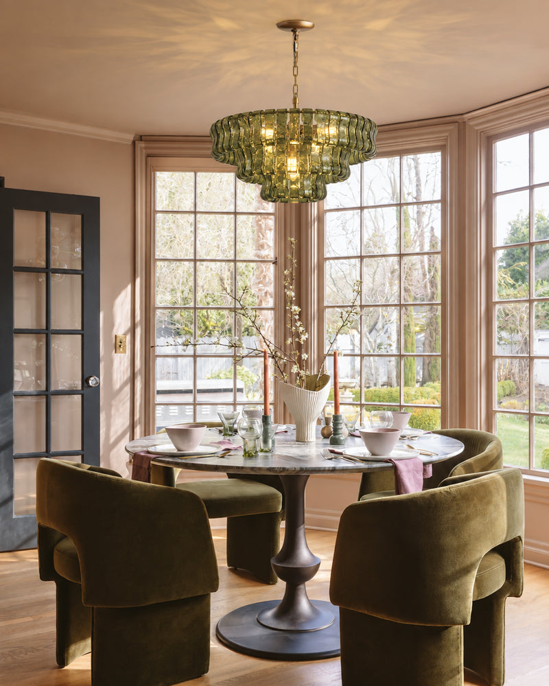 Brina Ghiaccio Murano Glass Smoked Green Cascade Pendant Light - Textured Glass, Heritage Brass Trim - Living Rooms & Dining Rooms