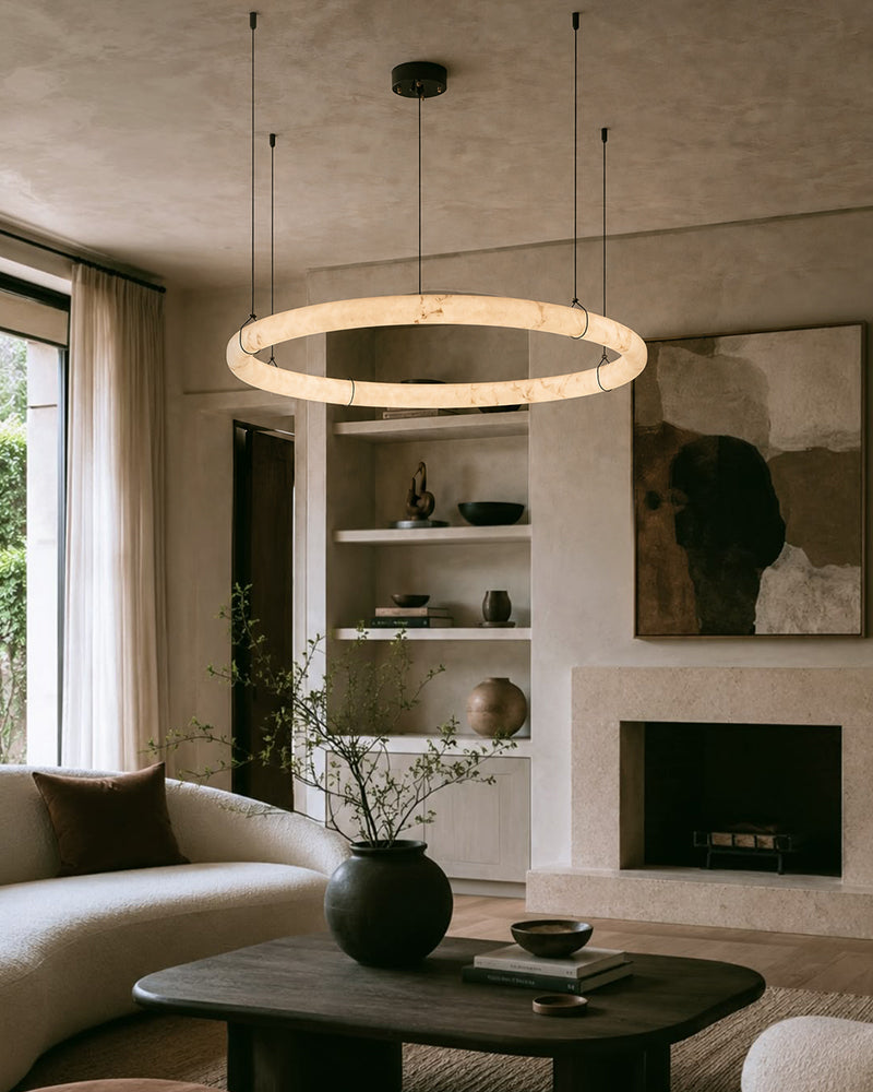 Alabaster Circular Halo Ring Cradled Arch Pendant Light - Natural Spanish Alabaster Rings, Serene Black Trim - Kitchens, Dining & Living Rooms