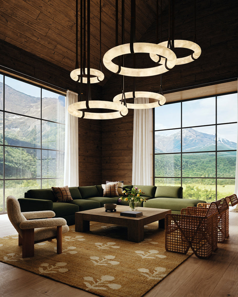 Alabaster Torus Halo Ring Leather Strap Canopy Pendant Light - Natural Spanish Alabaster, Organic Leather Trim - Kitchens, Dining & Living Rooms