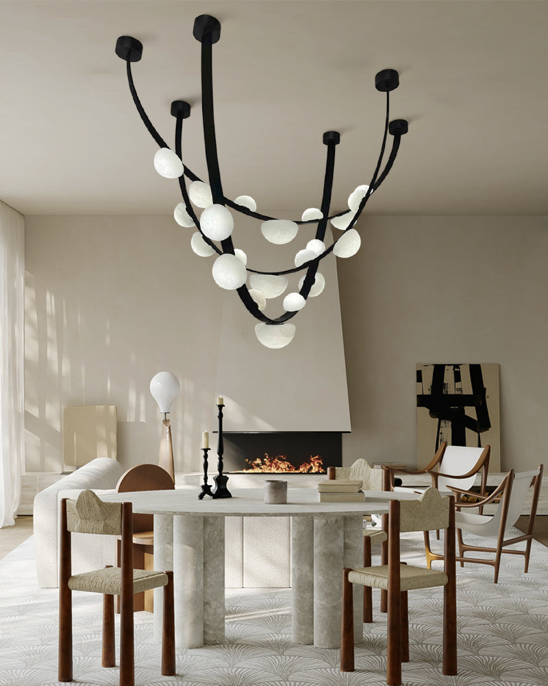 Leather pendant lamps with semicircular marble diffusers on a U-shaped strip metal base